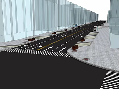Urban Road Infrastructure with Lane Markings Crosswalks Sidewalks and Surrounding Buildings 3d model