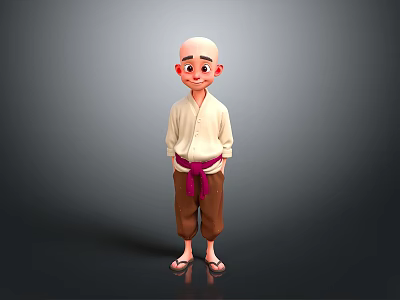Cartoon Character With Bald Head Beige Top Brown Pants Red Sash Sandals Gray Background 3d model