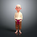 Cartoon Character With Bald Head Beige Top Brown Pants Red Sash Sandals Gray Background