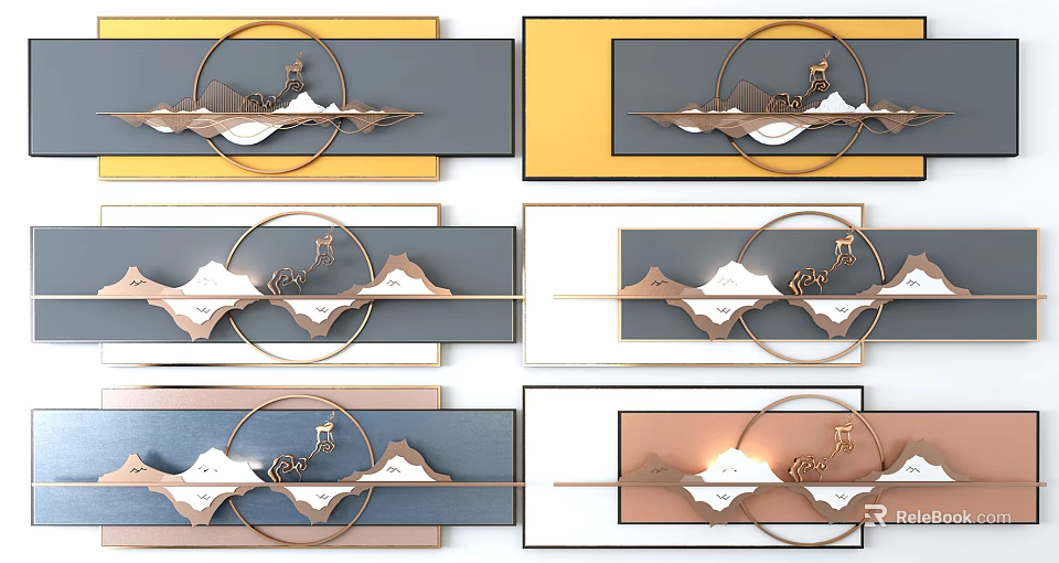 Modern Decorative Wall Decor With Circular Frame Mountain And Deer Design 3d model