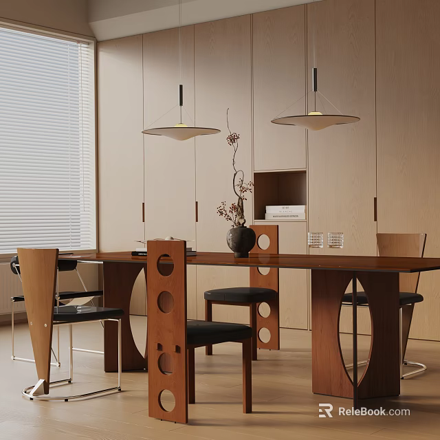 Modern Stylish Dining Table Set With Wooden Table Designer Chairs Hanging Lights And Cabinet Interior 3d model 