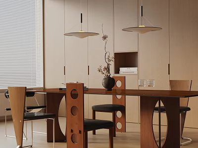 Modern Stylish Dining Table Set With Wooden Table Designer Chairs Hanging Lights And Cabinet Interior 3d model