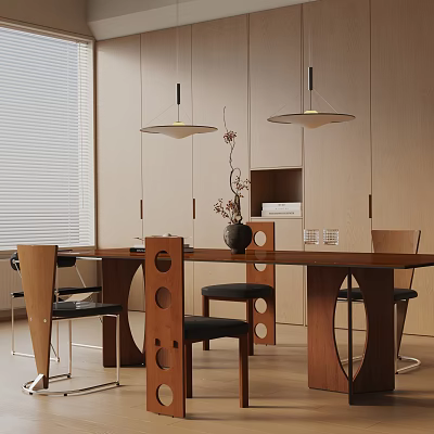 Modern Stylish Dining Table Set With Wooden Table Designer Chairs Hanging Lights And Cabinet Interior 3d model