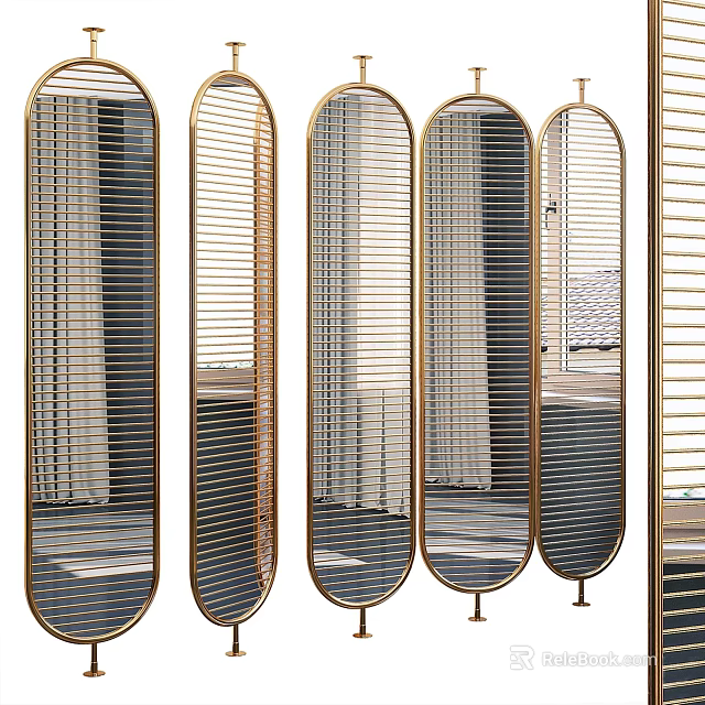 Modern Decorative Screen With Gold Metal Frame And Vertical Slats Design 3d model 
