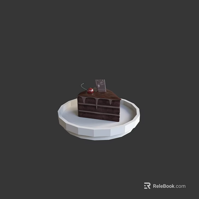 Delicious Chocolate Cake Slice on White Plate with Cherry and Chocolate Topping 3d model 