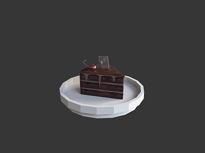 Delicious Chocolate Cake Slice on White Plate with Cherry and Chocolate Topping 3d model