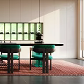 Modern Tea Room Interior With Green Chairs And Wooden Table Tea Display Shelves