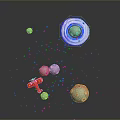 Modern Space Themed Scene Featuring Blue Planet Colorful Small Planets Red Toy Plane Yellow Stardust
