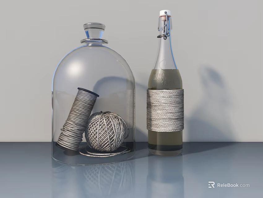 Transparent Glass Dome Wine Bottles With Spool Yarn Ball And Twine Wrapped Design On Table 3d model 