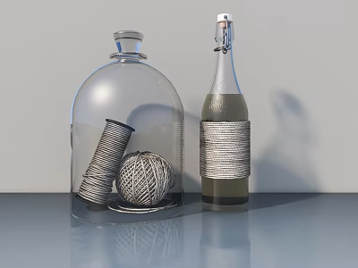 Transparent Glass Dome Wine Bottles With Spool Yarn Ball And Twine Wrapped Design On Table 3d model