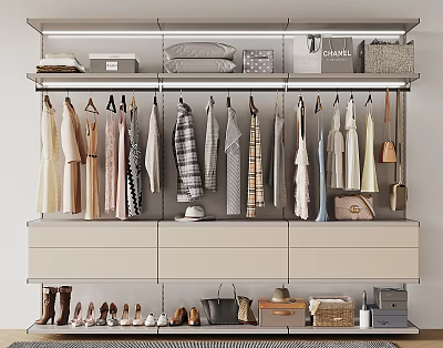 Modern Wardrobe Design with Hanging Clothes Drawers and Storage for Bags Shoes 3d model