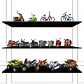 Various Motorcycle Models and Styles Displayed on Shelves Collection 3d model