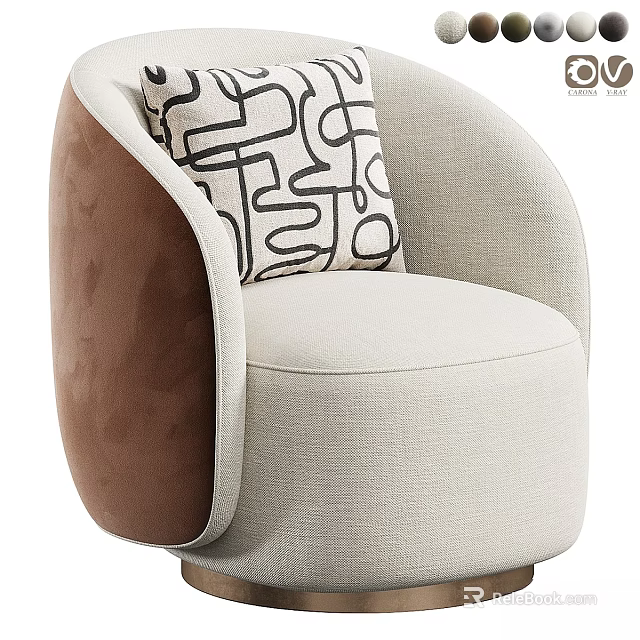 Modern Upholstered Accent Chair With Beige Fabric Brown Armrest And Geometric Pattern Pillow 3d model 