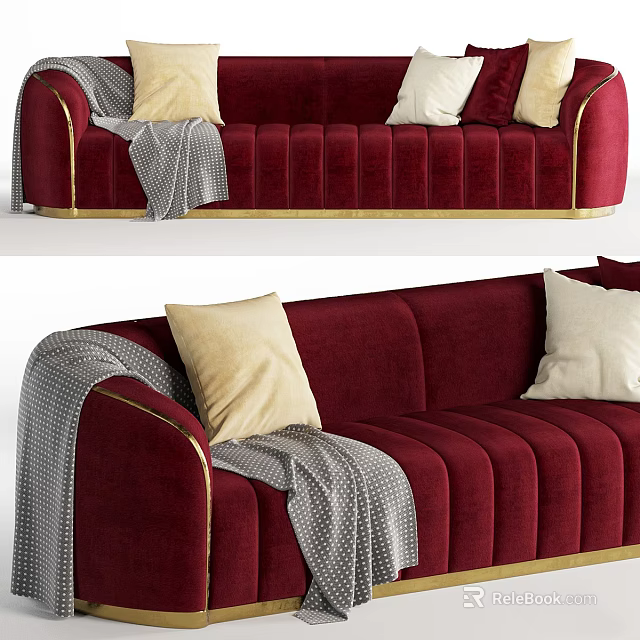 Burgundy Three Seater Sofa with Gold Trim Throw Pillows and Plaid Blanket 3d model 