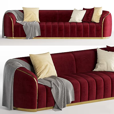 Burgundy Three Seater Sofa with Gold Trim Throw Pillows and Plaid Blanket 3d model