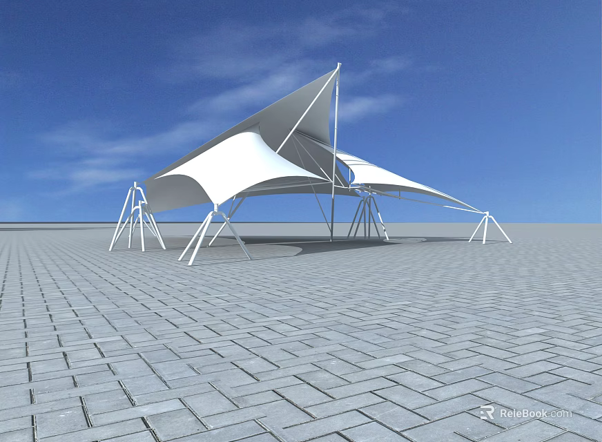 Tensile Membrane Structure Design With White Canopy And Metal Support Frames On Brick Pavement Under Blue Sky 3d model 