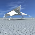 Tensile Membrane Structure Design With White Canopy And Metal Support Frames On Brick Pavement Under Blue Sky
