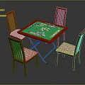Red Wooden Gaming Table Set With Green Tabletop And Four Patterned Chairs 3d model