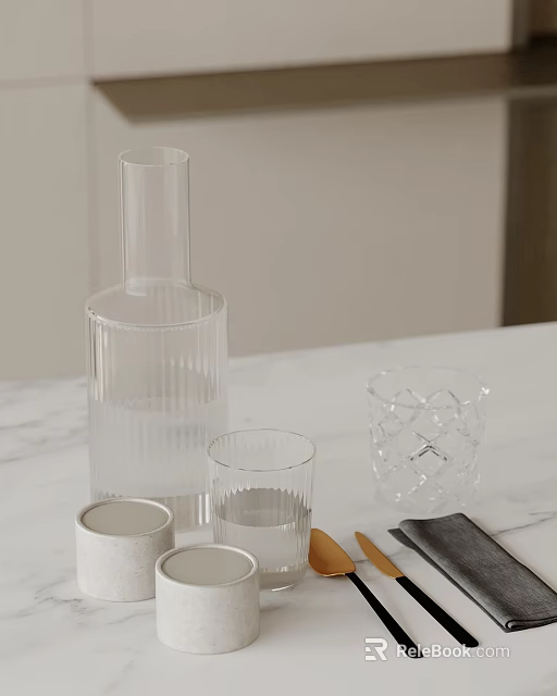 Elegant Decorative Ornament Set with Transparent Glassware and Wooden Utensils on Marble Tabletop 3d model 