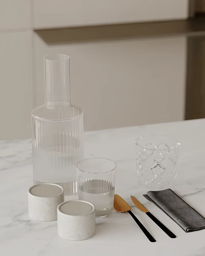 Elegant Decorative Ornament Set with Transparent Glassware and Wooden Utensils on Marble Tabletop 3d model