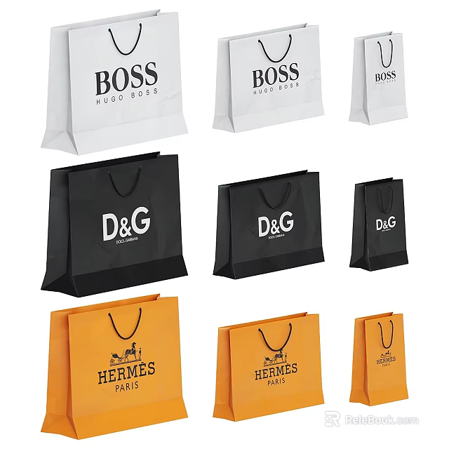 Luxury Brand Shopping Bags In Various Colors And Sizes 3d model 