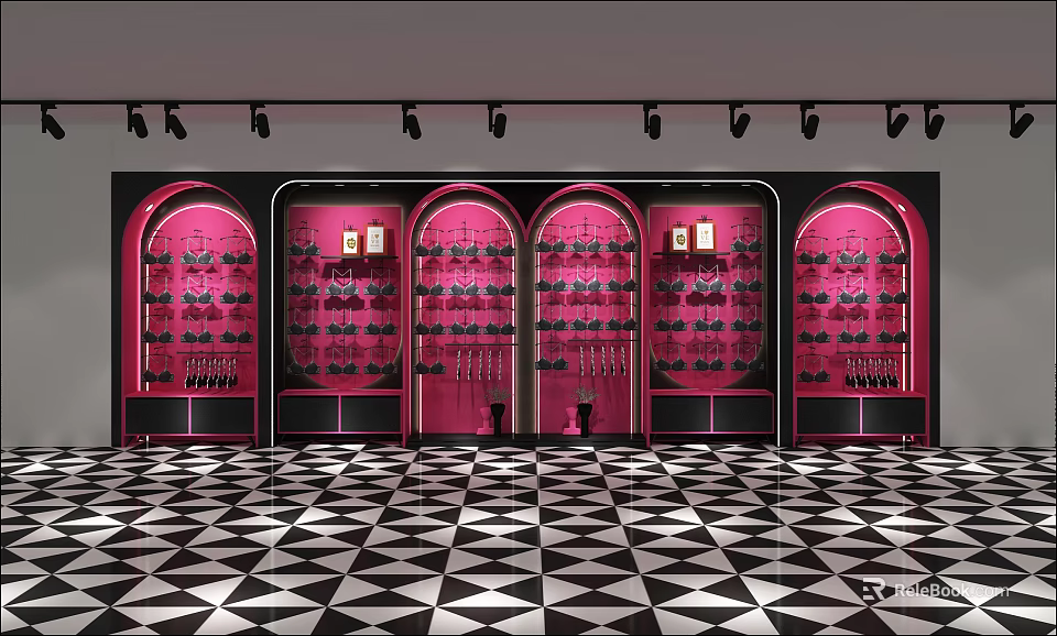 Pink Display Shelves With Merchandise In Retail Store Under Spotlights And Checkered Floor 3d model 