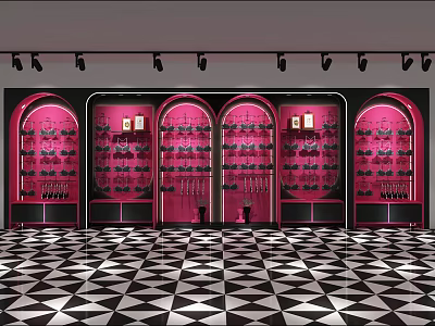 Pink Display Shelves With Merchandise In Retail Store Under Spotlights And Checkered Floor 3d model