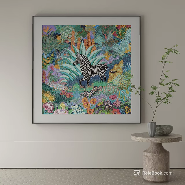 Vibrant Abstract Painting Featuring Zebra Tropical Plants and Flowers Hanging on Wall 3d model 