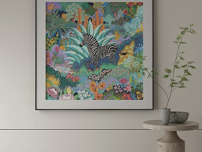 Vibrant Abstract Painting Featuring Zebra Tropical Plants and Flowers Hanging on Wall 3d model