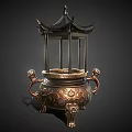 Antique Copper Decorative Ornament Combination With Pagoda Top Lion Handles And Carved Patterns