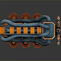 Futuristic Industrial Machinery With Orange Blue Pipes Circular Components And Warning Signs