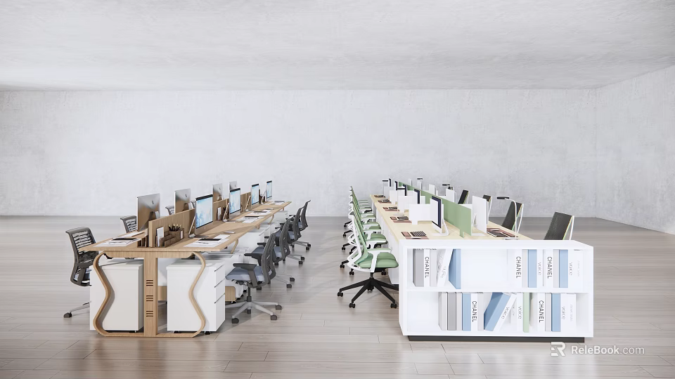 Modern Office Desk Workspace With Multiple Workstations Computers Ergonomic Chairs And Bookshelves 3d model 
