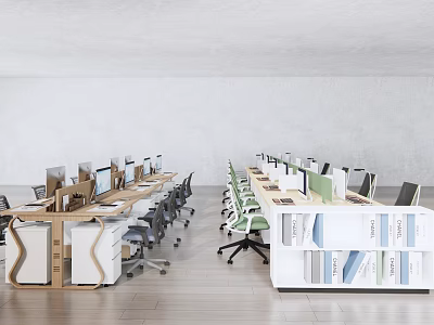 Modern Office Desk Workspace With Multiple Workstations Computers Ergonomic Chairs And Bookshelves 3d model
