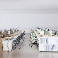 Modern Office Desk Workspace With Multiple Workstations Computers Ergonomic Chairs And Bookshelves 3d model