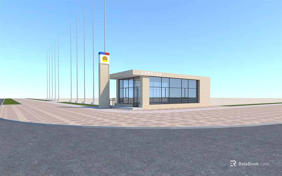 Modern Entrance Building With Glass Windows And Flagpoles Under Blue Sky 3d model 