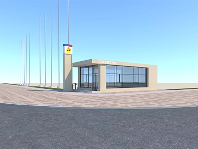 Modern Entrance Building With Glass Windows And Flagpoles Under Blue Sky 3d model