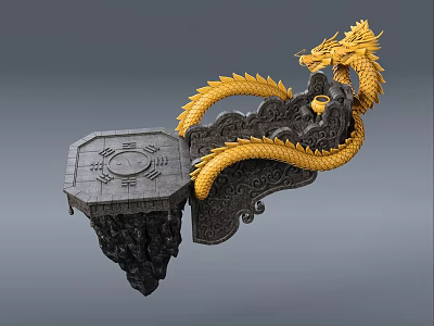 Cartoon Scene Featuring Golden Dragon Wrapped Around Floating Stone Platform With Bagua Diagram 3d model