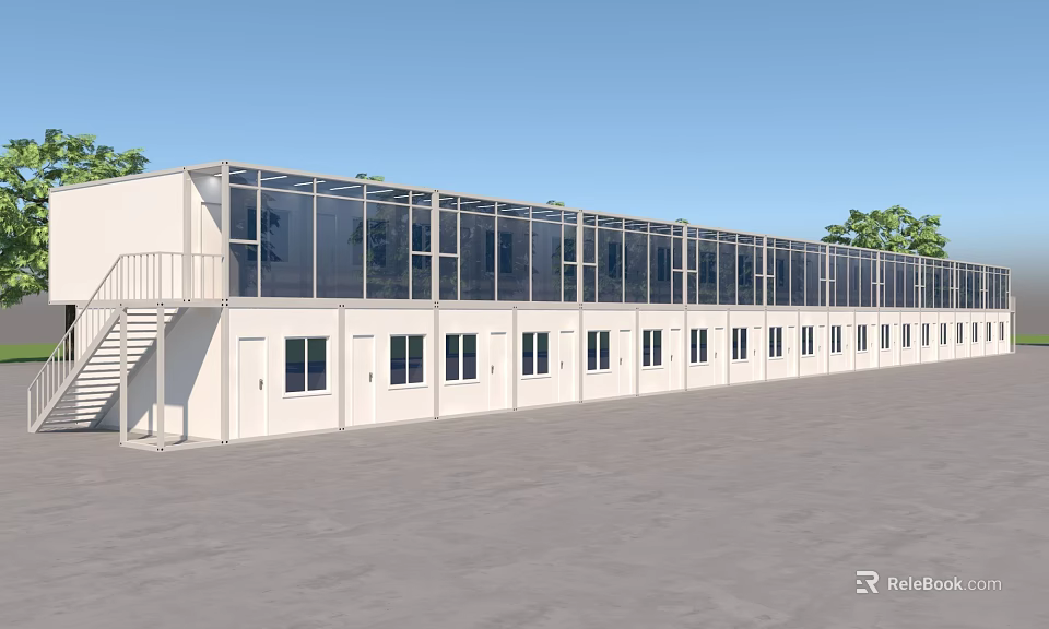 Modern Construction Site Temporary Container Building With White Exterior Multiple Windows Staircase And Surrounding Trees 3d model