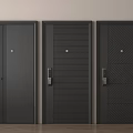 Three Black Security Doors with Different Textured Designs Silver Handles and Locks 3d model