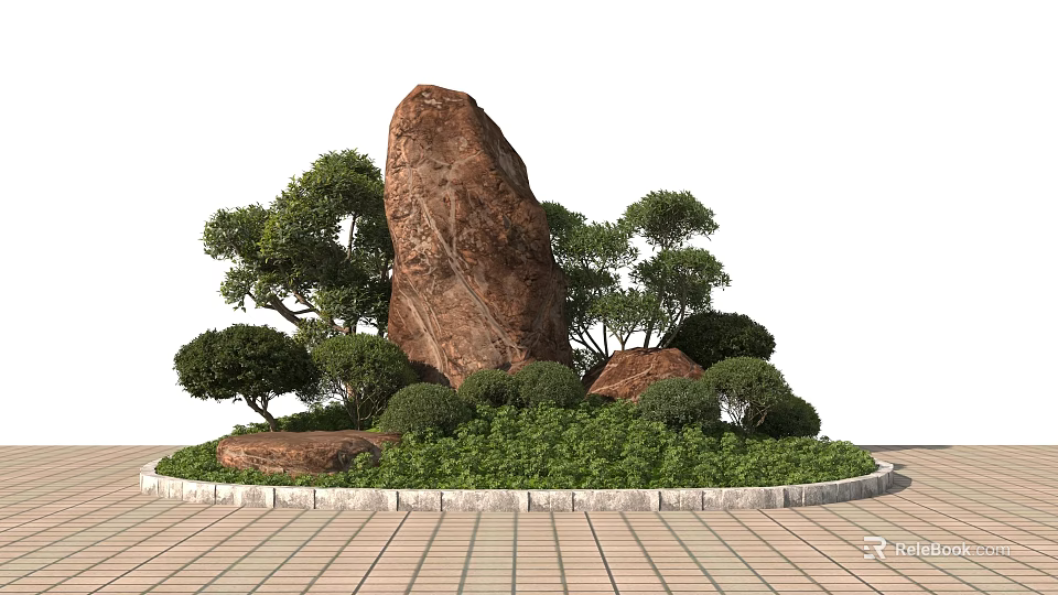 Scenic Circular Roadside Facility With Large Rock Trees Bushes Paved Ground And Stone Border 3d model 