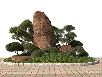 Scenic Circular Roadside Facility With Large Rock Trees Bushes Paved Ground And Stone Border 3d model