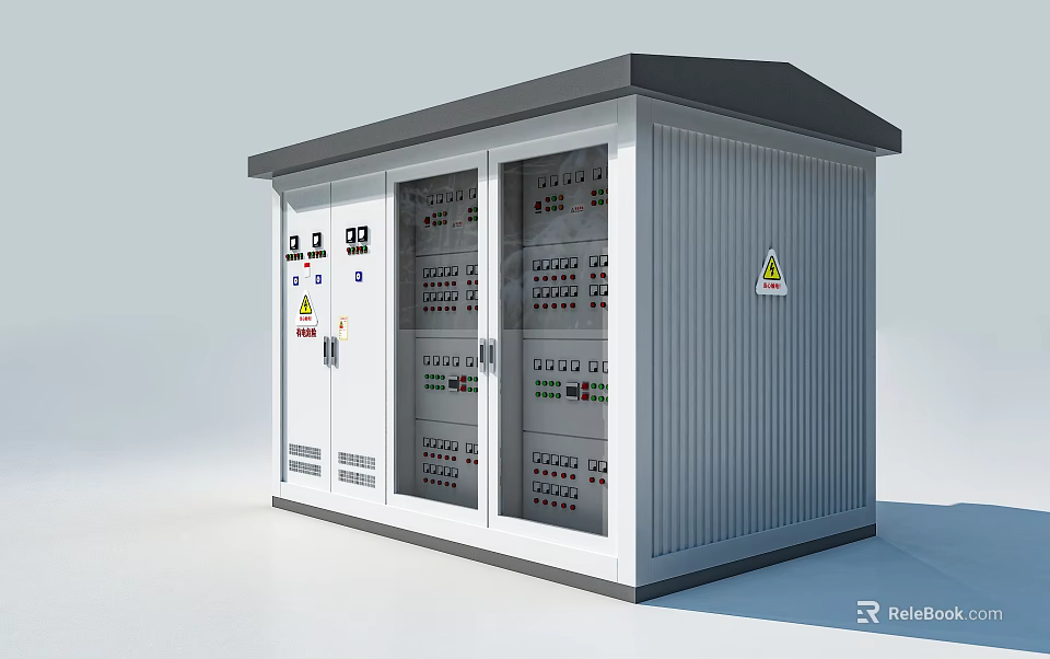Public Utility Outdoor Electrical Cabinet With Gray Metal Structure Control Panels And Warning Signs 3d model 
