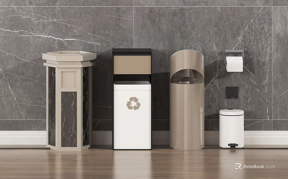 Different Modern Trash Bins For Home And Office With Recycling Compartment And Sleek Designs 3d model 