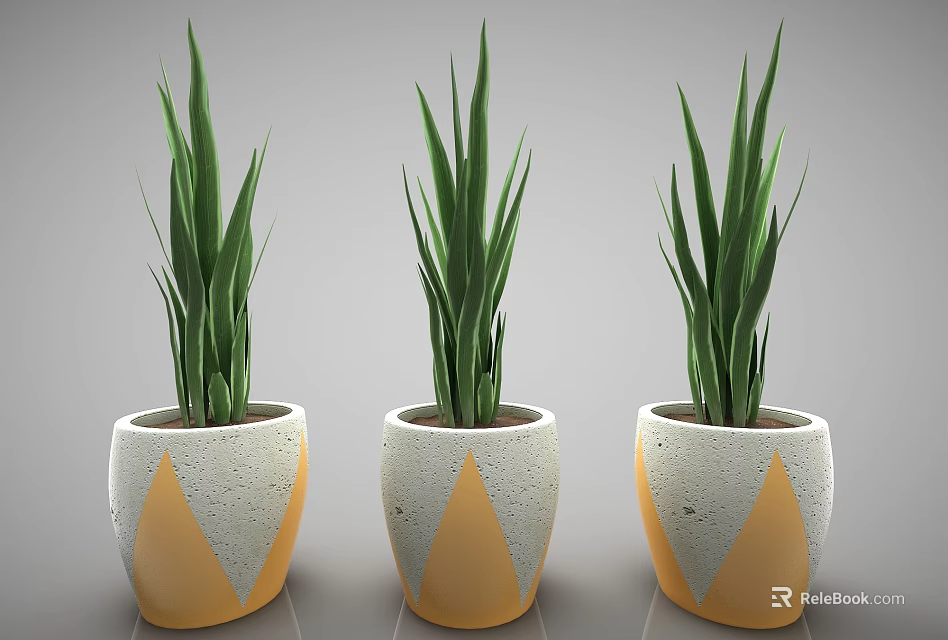 Bonsai Potted Plants With Green Long Leaves In White And Yellow Geometric Pattern Pots 3d model 