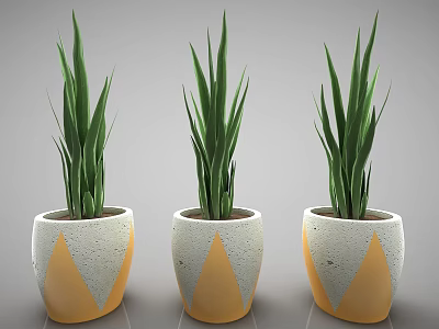 Bonsai Potted Plants With Green Long Leaves In White And Yellow Geometric Pattern Pots 3d model