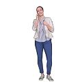 Woman Wearing Beige Blazer Striped Shirt Blue Skinny Jeans White Sneakers On Light Purple Background