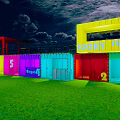 Outdoor Colorful Container Buildings With Night Sky Moon Clouds And Green Grass