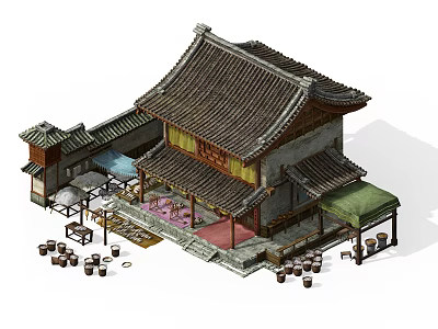 Ancient Chinese Architecture With Traditional Tile Roof Overhanging Eaves And Courtyard 3d model