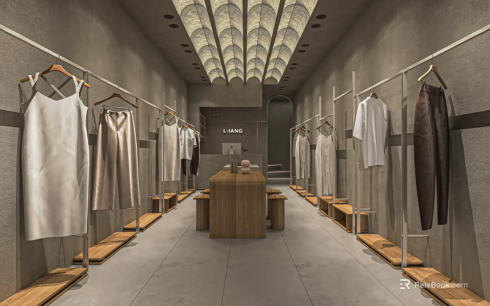 Modern Clothing Store Interior With Hanging Clothes On Racks And Wooden Display Table 3d model 