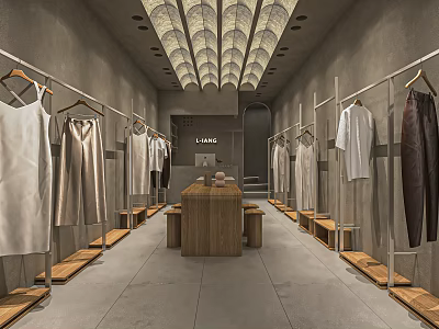 Modern Clothing Store Interior With Hanging Clothes On Racks And Wooden Display Table 3d model